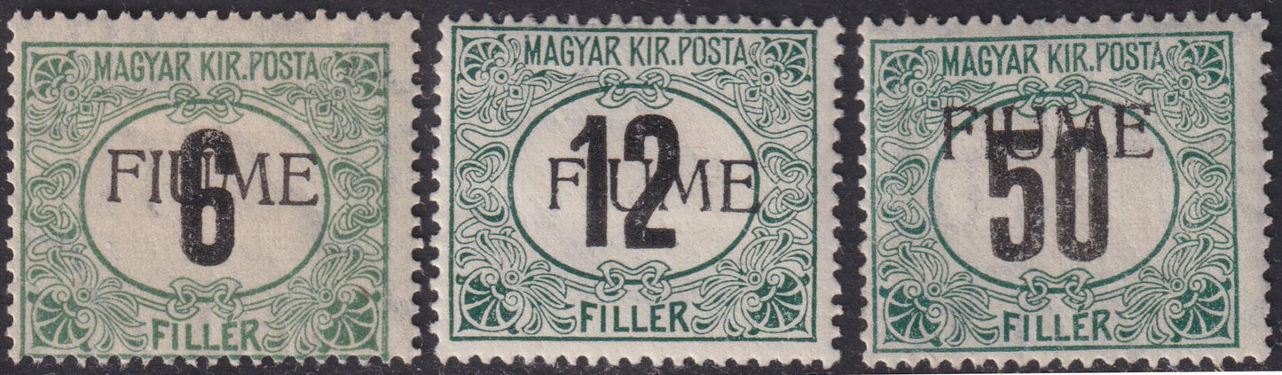 El288 - 1918 - Segnatasse di Ungheria, serie completa dei tre valori filigrana tipo "C" nero e verde nuovi con gomma originale (C1/C3)