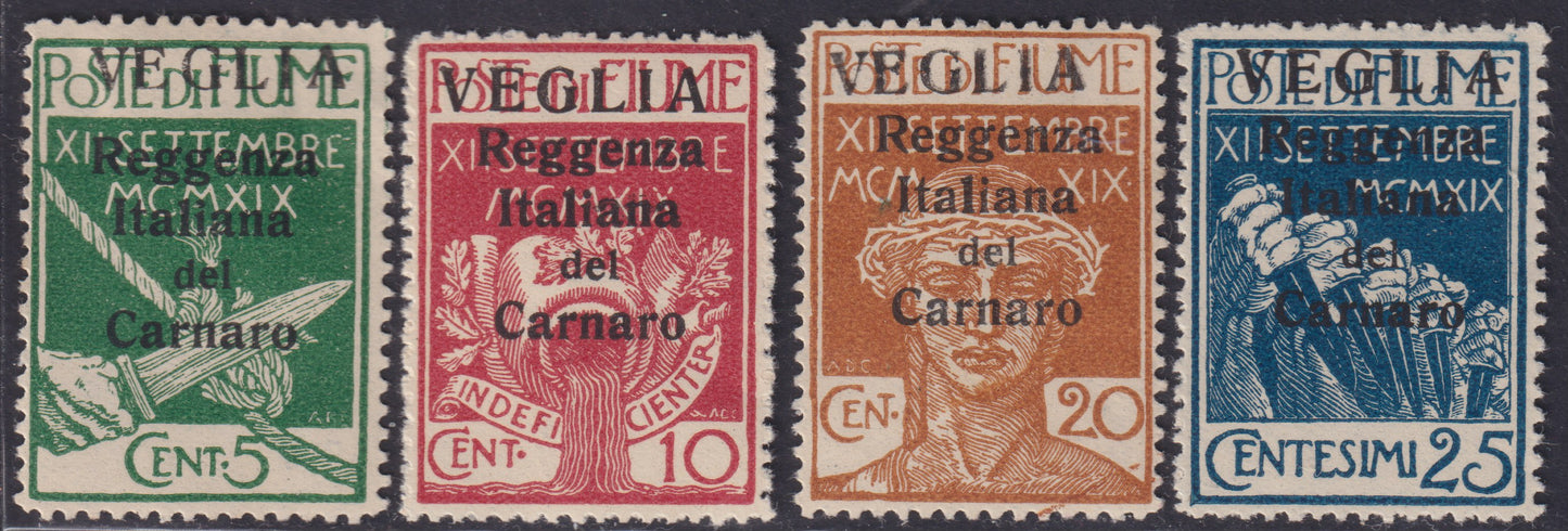 E1_295 - Legionari di Fiume soprastampati V E G L I A in caratteri grandi, serie completa di quattro valori nuovi con gomma originale (1/4)