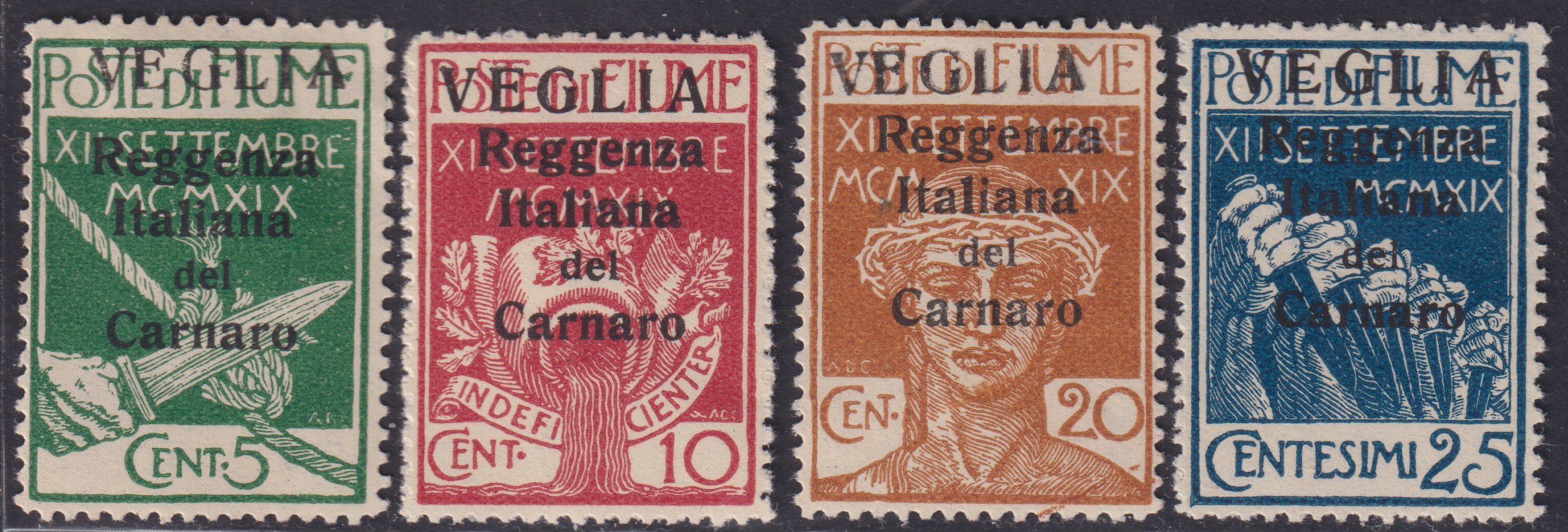 E1_295 - Legionari di Fiume soprastampati V E G L I A in caratteri grandi, serie completa di quattro valori nuovi con gomma originale (1/4)