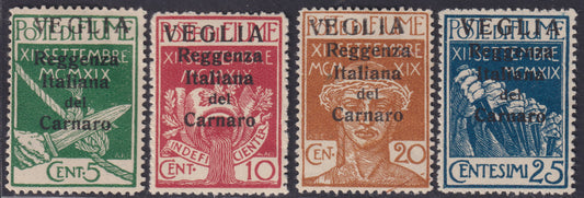 E1_295 - Legionari di Fiume soprastampati V E G L I A in caratteri grandi, serie completa di quattro valori nuovi con gomma originale (1/4)