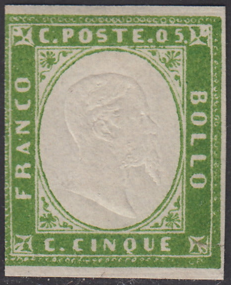 PV443 - 1859 - IV emissione c. 5 verde giallo III composizione tiratura 1859 nuovo con gomma parziale. (13Ba).