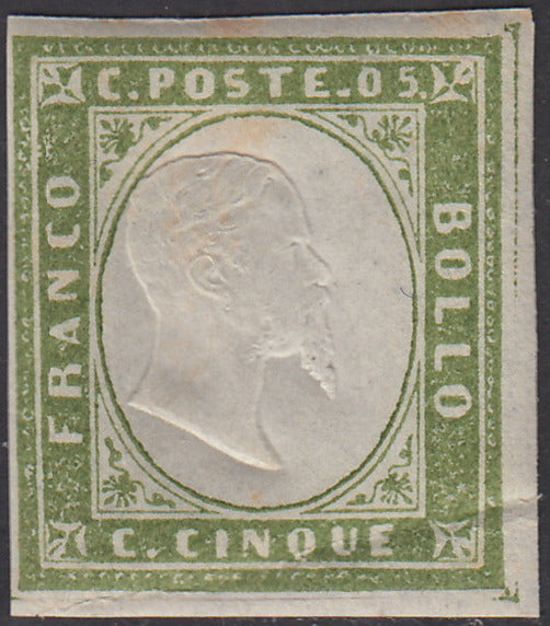 PV449 - 1859 - IV emissione c. 5 verde oliva III composizione tiratura 1859 nuovo con piena gomma originale (13Bc)