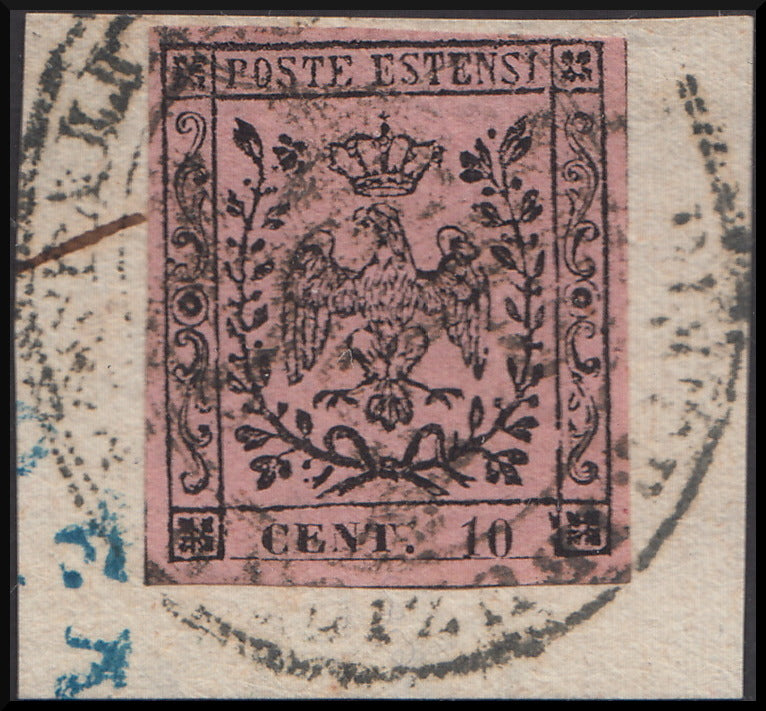 PPP17 - 1852 - Ducato di Modena emissione senza punto dopo la cifra c.10 rosa vivo usato su frammento (2a)