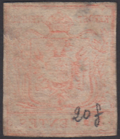F3-9 1850 - Lombardo Veneto I emissione carta a macchina, c. 15 rosa usato con varietà decalco (20f)