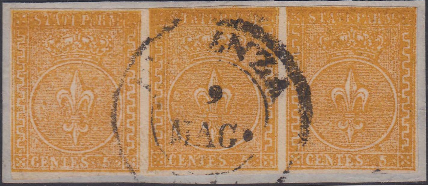 PAR54 - 1853 - II emissione c. 5 giallo arancio striscia di tre esemplari (6) usata con d.c. medio di Piacenza.