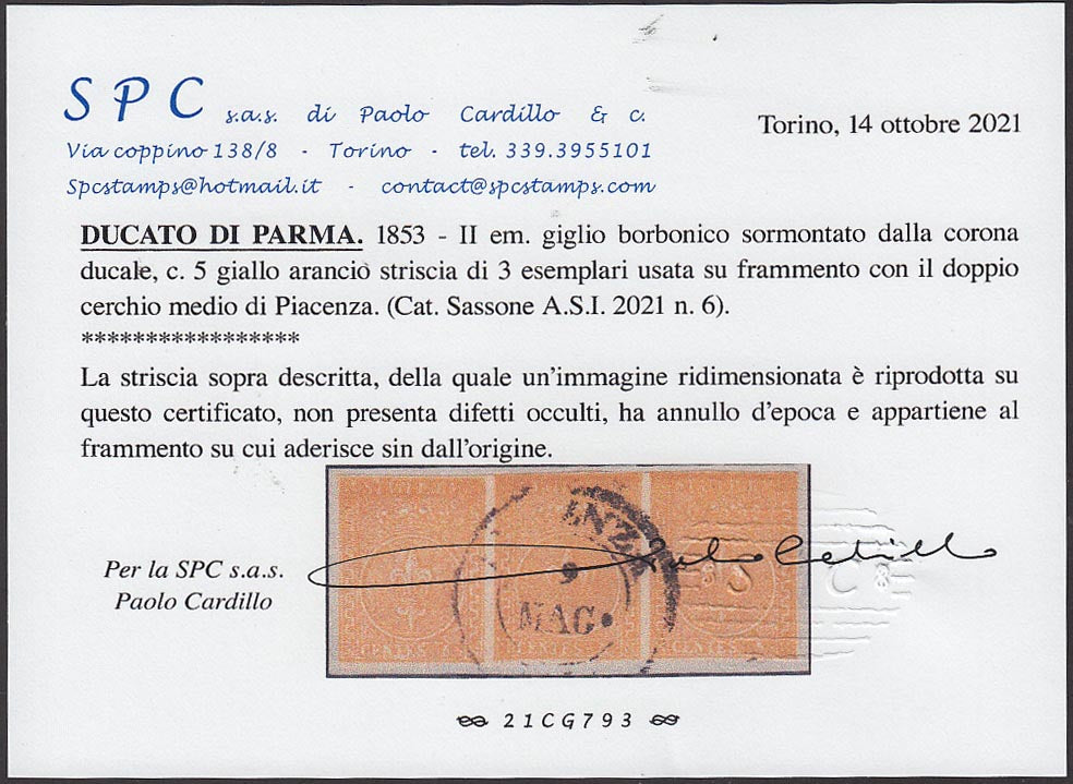 PAR54 - 1853 - II emissione c. 5 giallo arancio striscia di tre esemplari (6) usata con d.c. medio di Piacenza.