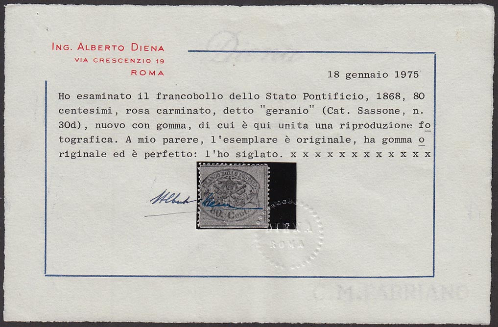 1868  - Stato Pontificio III emissione, c. 80 rosa carminato detto "Fragolone", nuovo con gomma originale (30d)