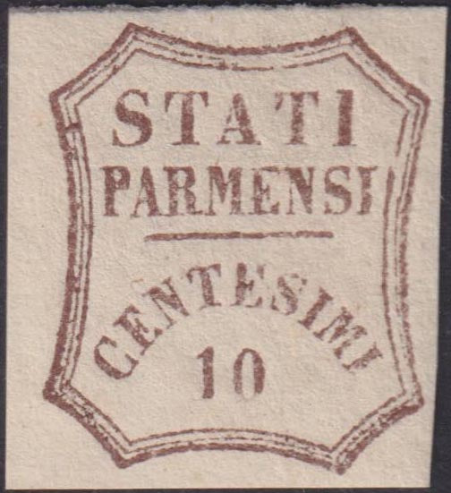 1859 - STATI PARMENSI e valore in un ottagono a linee curve, c. 10 bruno nuovo con gomma integra (14).