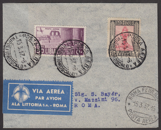 1926 - 1st air postal service Turin - Trieste 1/4/26 with Franciscan c. 60 carmine + P.Aerea c. 60 gray (195 + A3) 