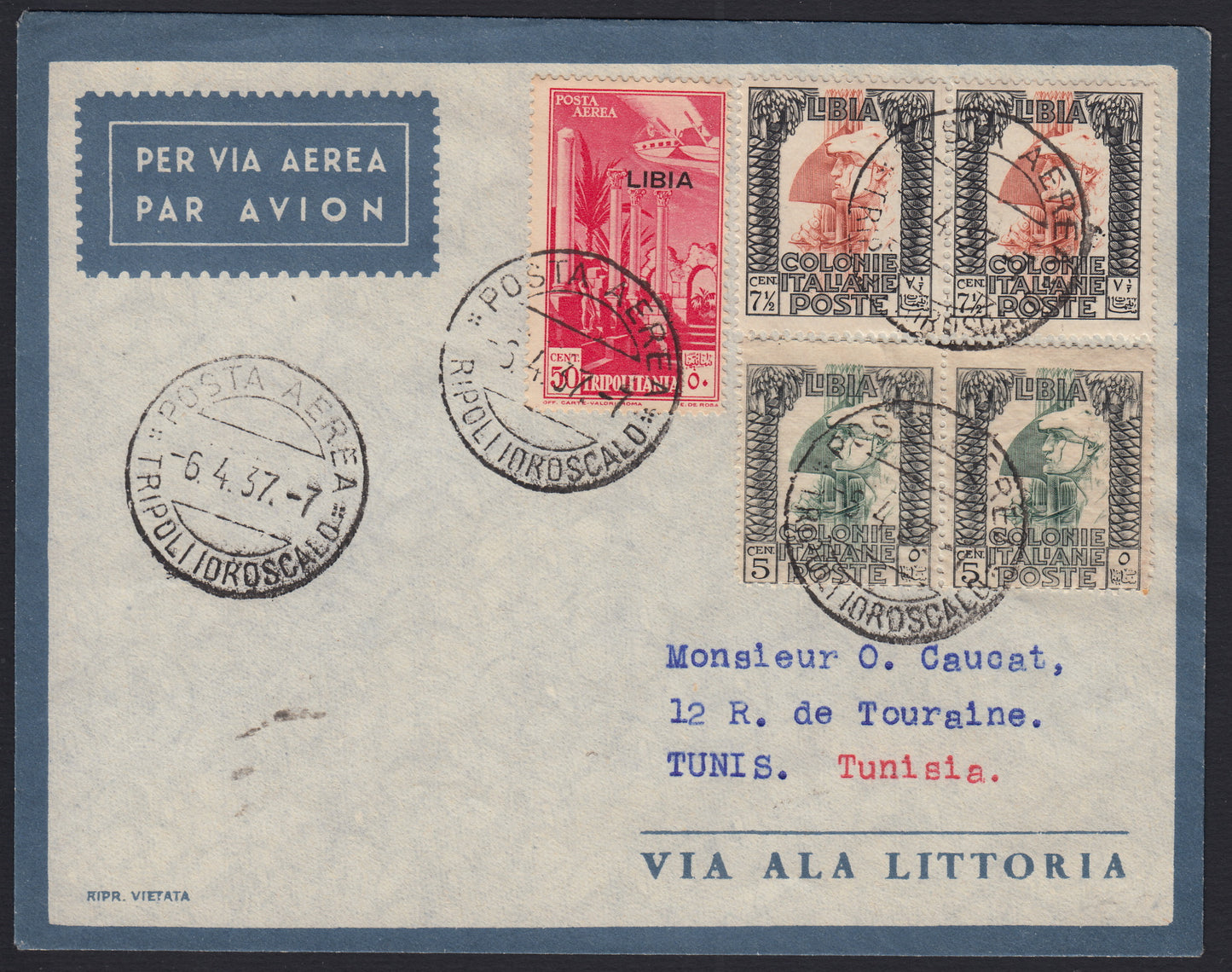 PA535 - 1937 - Volo Tripoli - Tunisi 6/4/37 via Ala Littoria con francobolli di Libia - Sassone n. 450