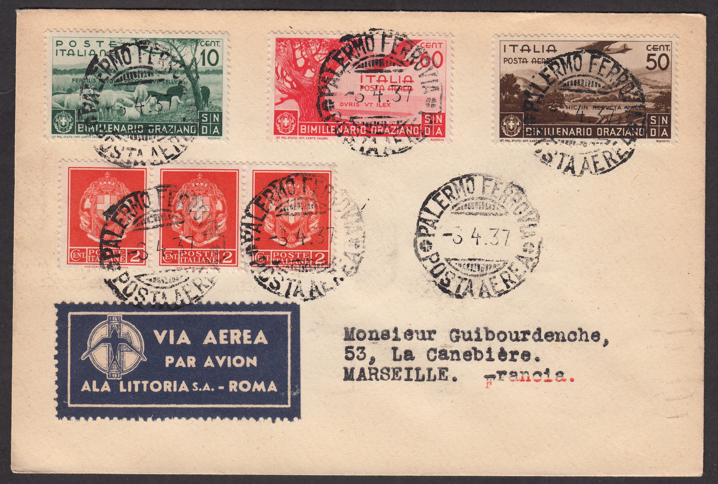 1926 - 1st air postal service Turin - Trieste 1/4/26 with Franciscan c. 60 carmine + P.Aerea c. 60 gray (195 + A3) 