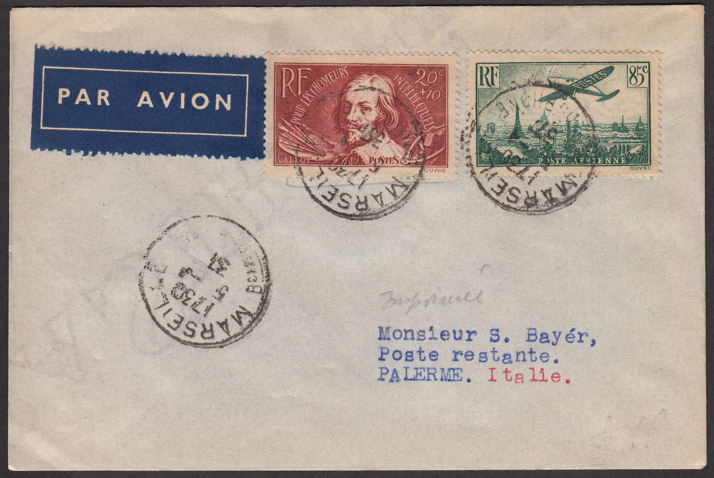 PA299 - 1937 - Volo Marsiglia - Palermo 6/4/37 con affrancatura francese - Sassone n. 451