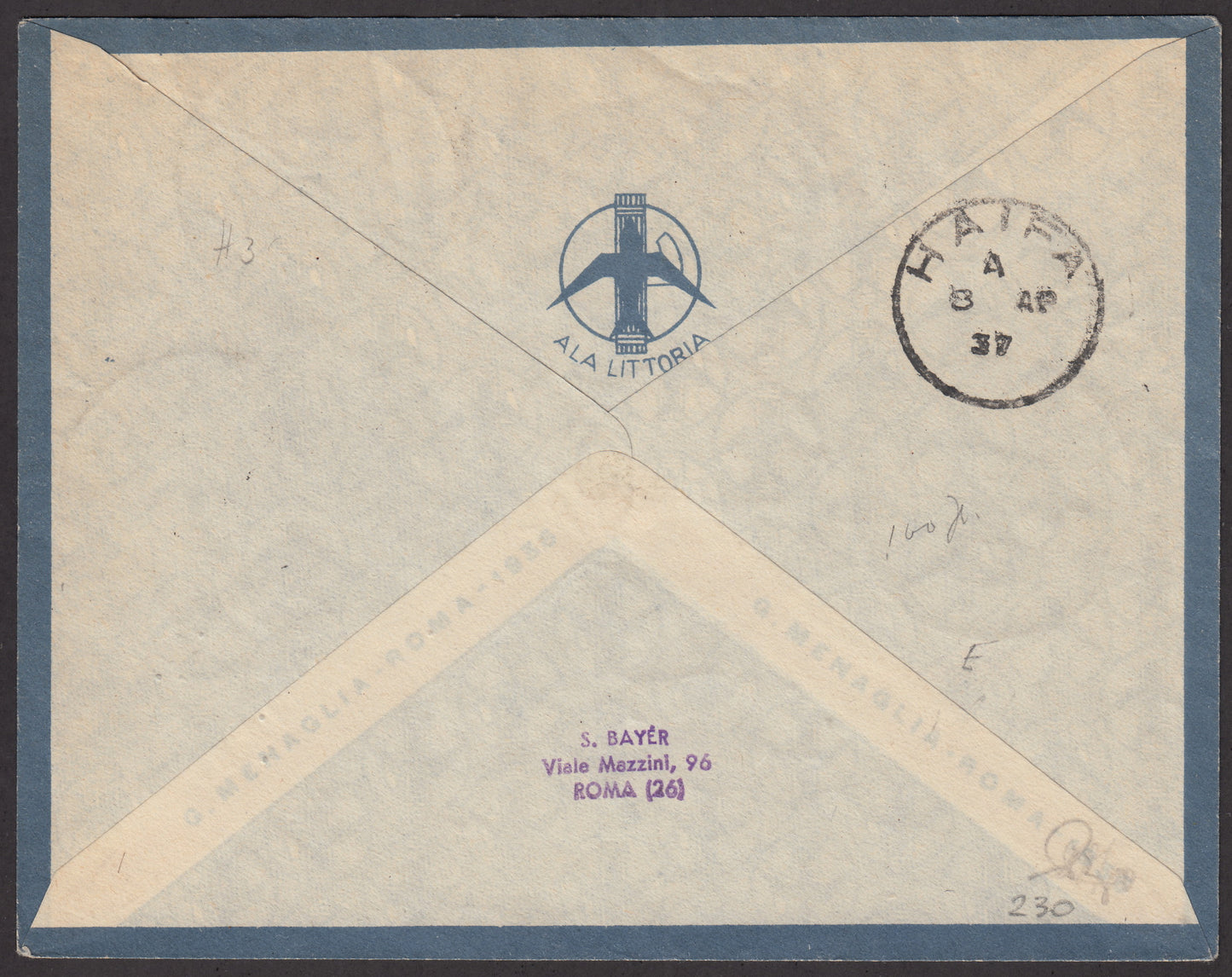 1926 - 1st air postal service Turin - Trieste 1/4/26 with Franciscan c. 60 carmine + P.Aerea c. 60 gray (195 + A3) 