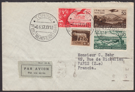 1926 - 1st air postal service Turin - Trieste 1/4/26 with Franciscan c. 60 carmine + P.Aerea c. 60 gray (195 + A3) 