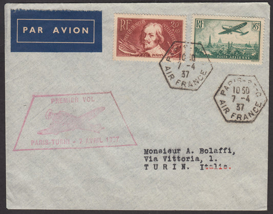 1926 - 1st air postal service Turin - Trieste 1/4/26 with Franciscan c. 60 carmine + P.Aerea c. 60 gray (195 + A3) 