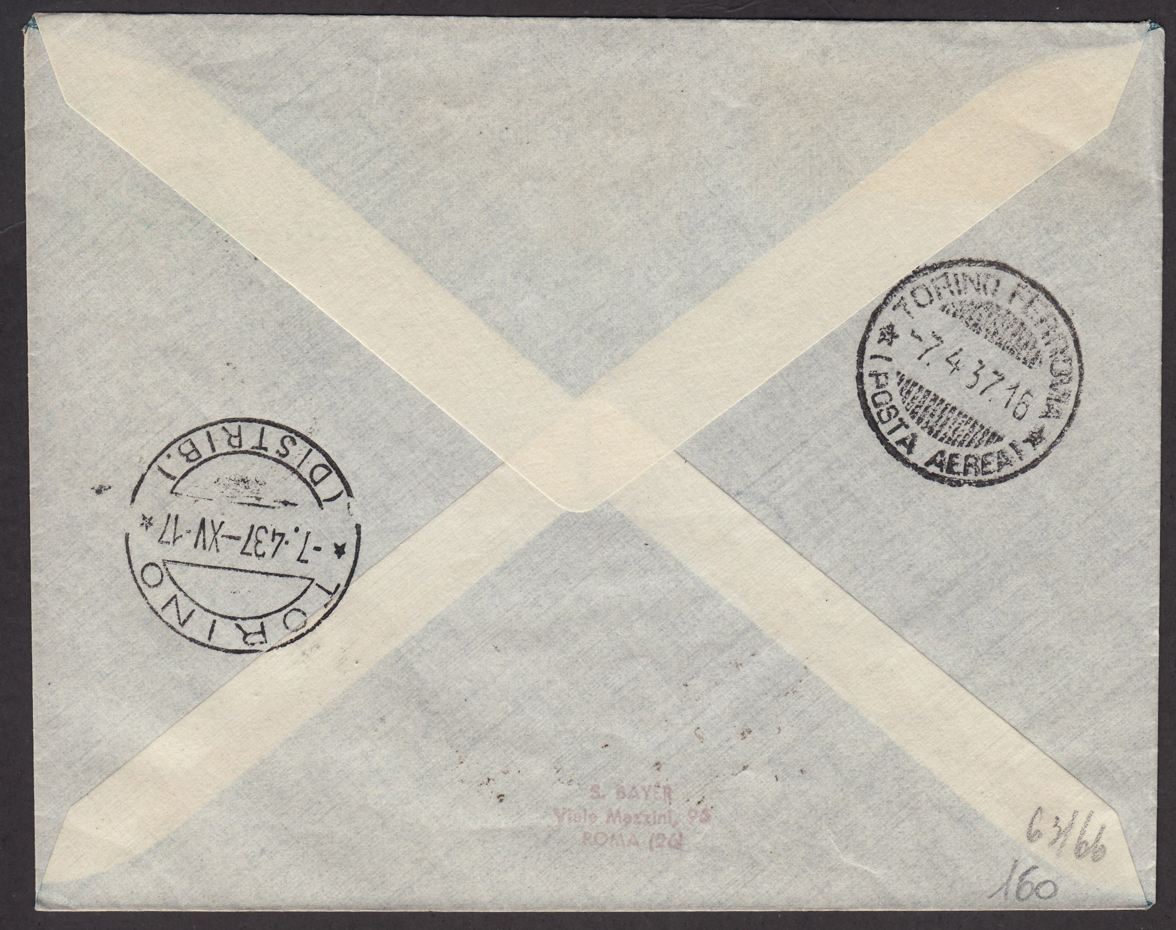 PA138 - 1937 - Primo Volo ALI Parigi - Torino 7/4/37 con affrancatura di Francia, diretta a Alberto Bolaffi senior, via Vittoria 1 - Sassone n. 454