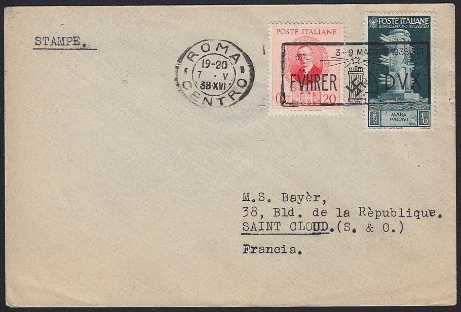 1926 - 1st air postal service Turin - Trieste 1/4/26 with Franciscan c. 60 carmine + P.Aerea c. 60 gray (195 + A3) 