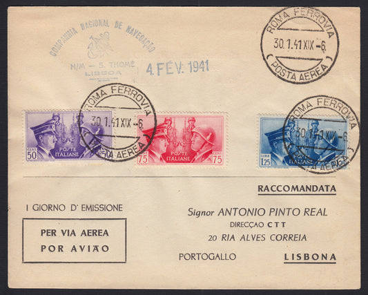 PA532 - 1941 - Compagnia Nazionale di Navigazione Lisbona, Volo Roma - Lisbona 30/1/41 con Asse c. 50 violetto + c. 75 carminio + L. 1.25 azzurro