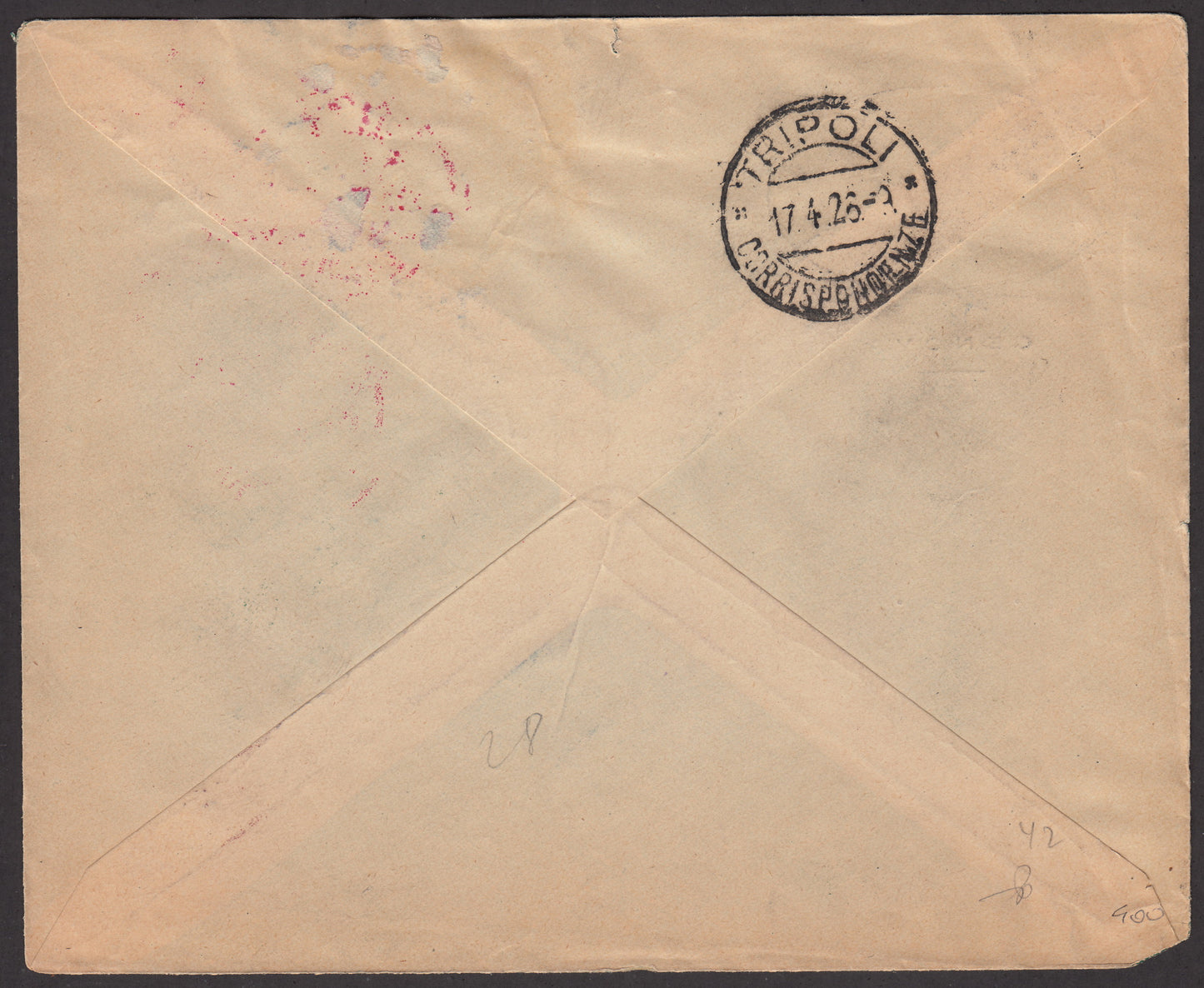 1926 - 1st air postal service Turin - Trieste 1/4/26 with Franciscan c. 60 carmine + P.Aerea c. 60 gray (195 + A3) 