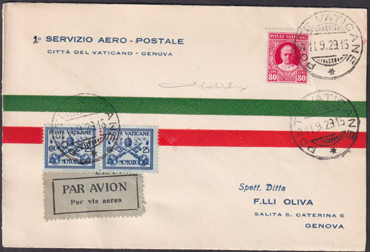 PA19 - 1929 - 1° servizio Areo-Postale Città del Vaticano - Genova 11/9/29 con conciliazione c. 25 azzurro e celeste coppia + c. 80 carminio