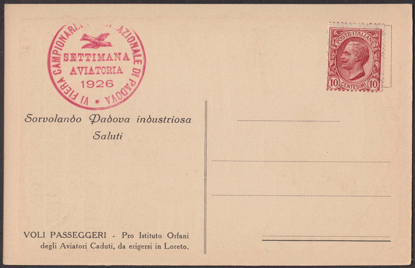 1926 - 1st air postal service Turin - Trieste 1/4/26 with Franciscan c. 60 carmine + P.Aerea c. 60 gray (195 + A3) 