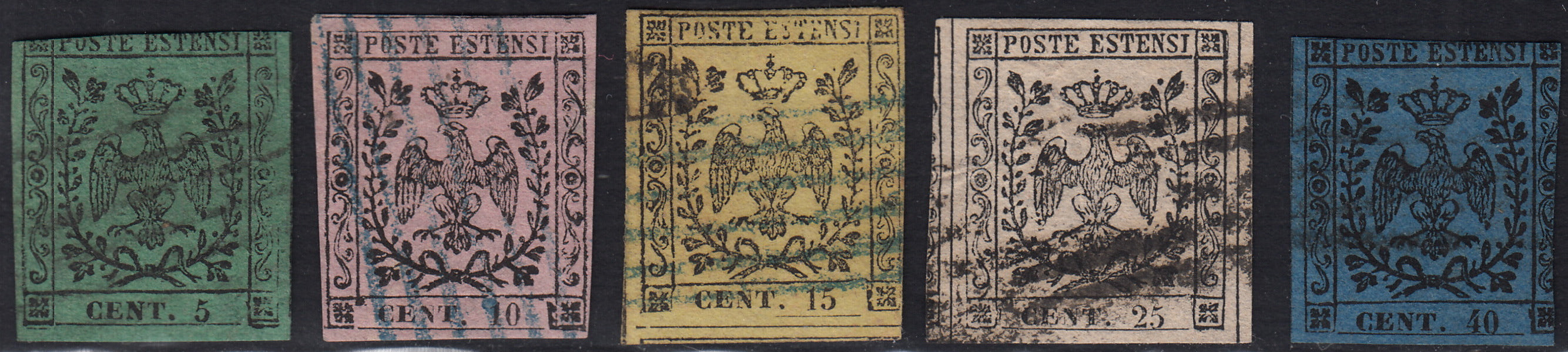 PV60_447 - 1852 - Aquila Estense, emissione senza punto dopo la cifra, serie di cinque valori (senza il celeste) usata (1/4 + 6)