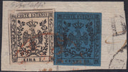 BO24_8 - 1852 - Aquila Estense, emissione con punto dopo la cifra, frammento affrancato con c. 40 azzurro + L. 1 bianco usati con annullo rosso (10 + 11)