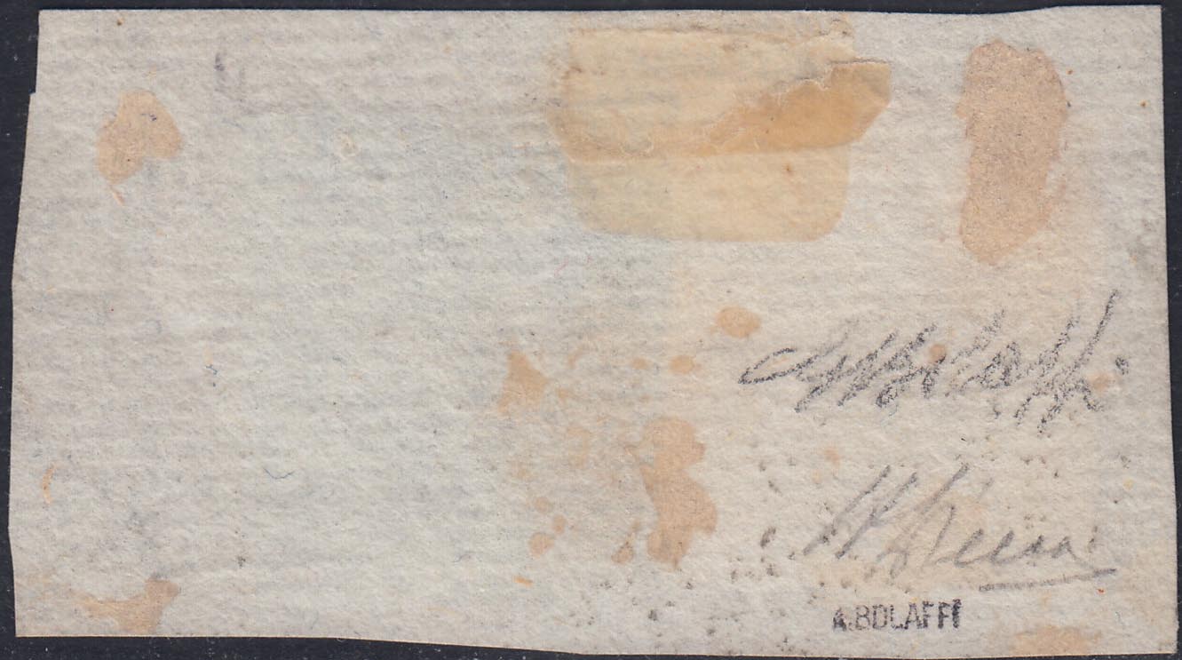 BO24_8 - 1852 - Aquila Estense, emissione con punto dopo la cifra, frammento affrancato con c. 40 azzurro + L. 1 bianco usati con annullo rosso (10 + 11)