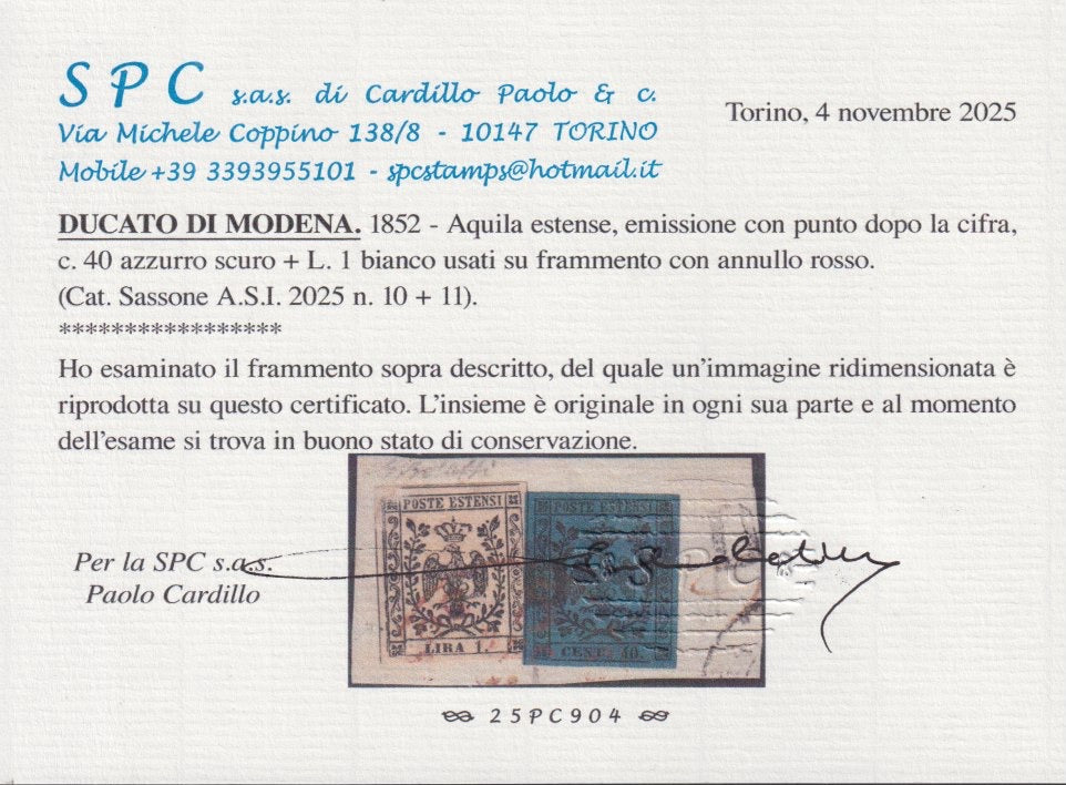 BO24_8 - 1852 - Aquila Estense, emissione con punto dopo la cifra, frammento affrancato con c. 40 azzurro + L. 1 bianco usati con annullo rosso (10 + 11)
