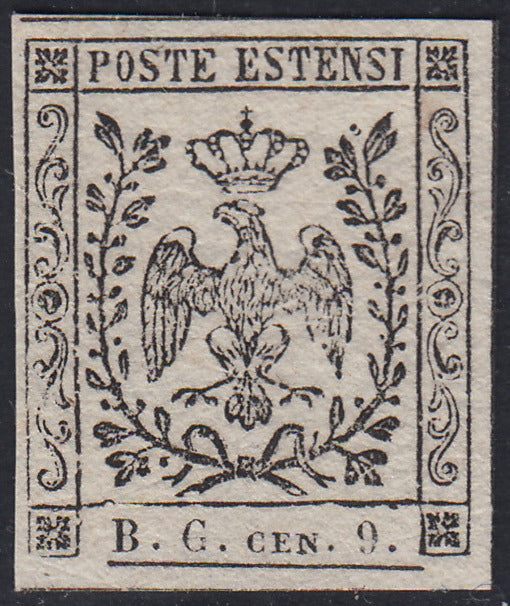 MOD108 - 1854 - Aquila Estense, francobollo per giornali B.G. Cen. 9 lettere piccole stampa in nero su carta bianca vergata verticalmente in fogli da 240 esemplari (P34)
