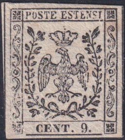 MV3 - 1854 - Aquila Estense, francobollo per giornali cent. 9 stampa in nero su carta bianca vergata verticalmente in fogli da 240 esemplari (P35)