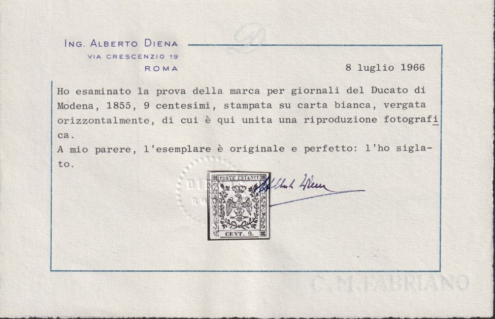 MV3 - 1854 - Aquila Estense, francobollo per giornali cent. 9 stampa in nero su carta bianca vergata verticalmente in fogli da 240 esemplari (P35)