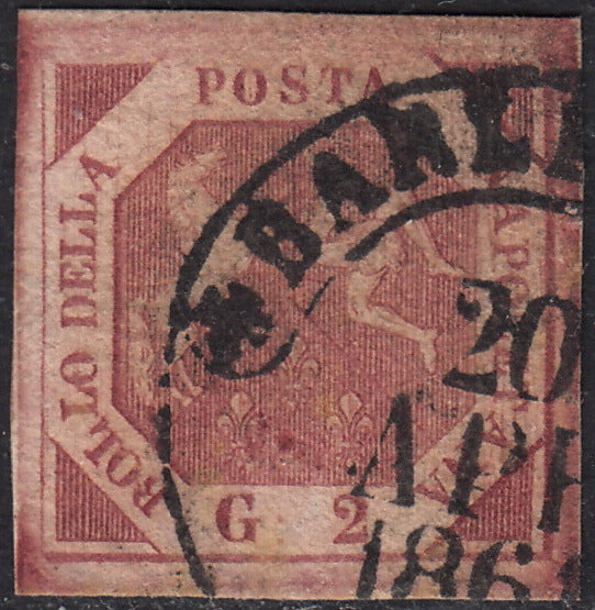 PV60_501 - 1858 - Stemma delle due Sicilie, 2 grana carmini cupo I tavola usato con annullo borbonico a cerchio "Barletta 20 APR 1861" (5g)