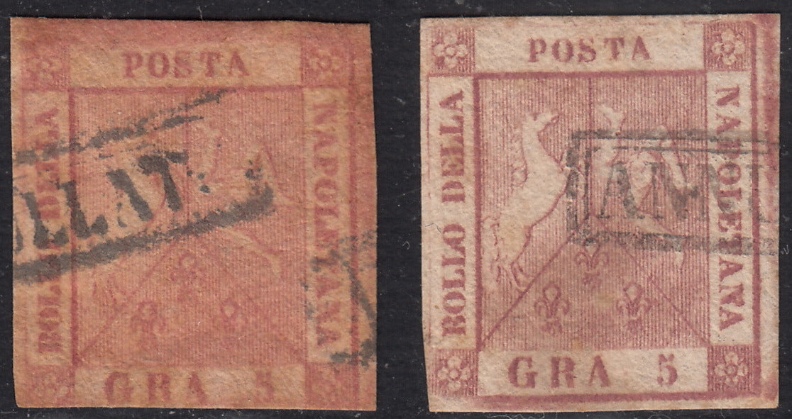 PV60_524 - 1858 - Stemma delle due Sicilie, 5 grana rosa brunastro I tavola e 5 grana carminio rosa II tavola usati (8, 9)
