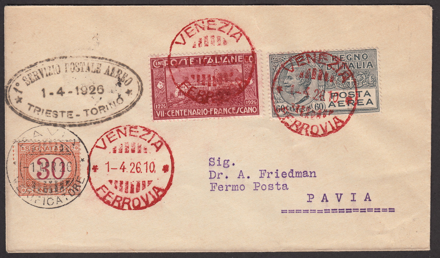 1926 - 1st air postal service Turin - Trieste 1/4/26 with Franciscan c. 60 carmine + P.Aerea c. 60 gray (195 + A3) 