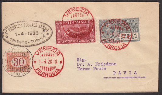 PA307 - 1926 -  1° Servizio Postale Aereo Trieste - Torino, tappa Venezia - Pavia 1/4/1926 - (55d) (Fermo Posta).