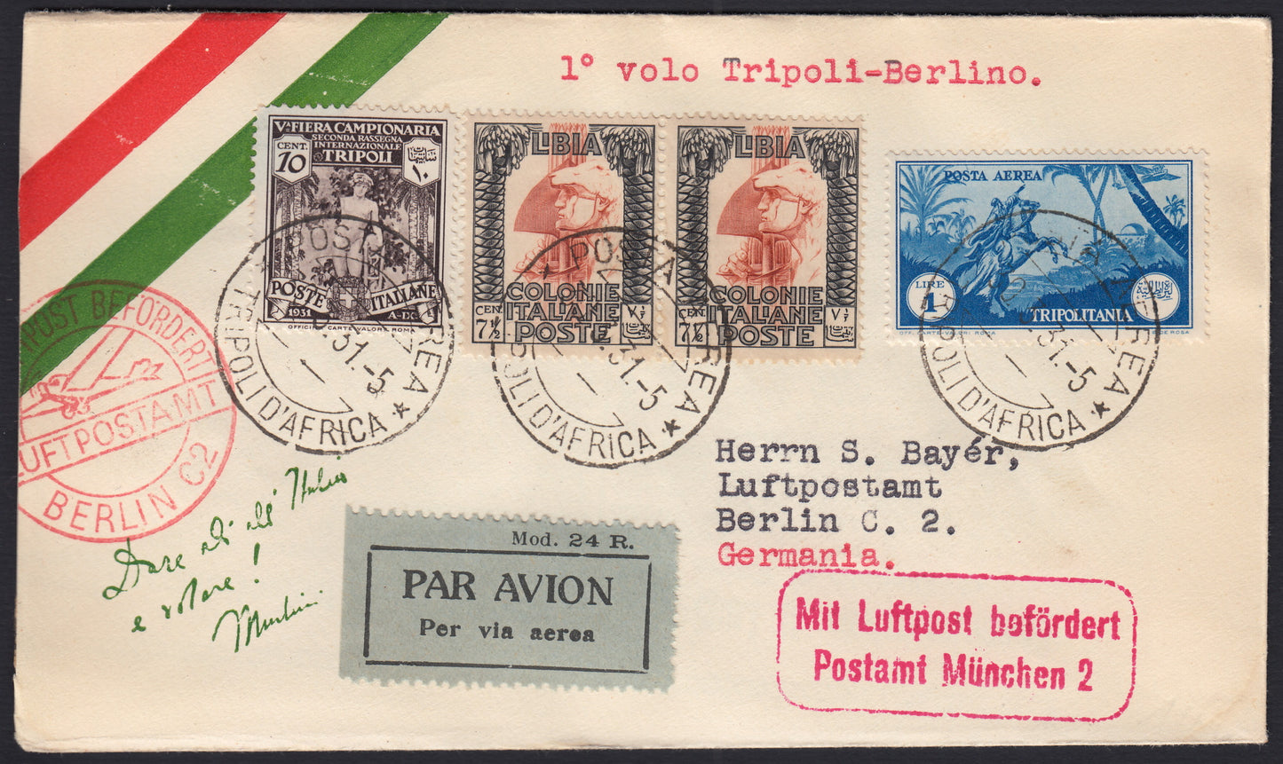 1926 - 1st air postal service Turin - Trieste 1/4/26 with Franciscan c. 60 carmine + P.Aerea c. 60 gray (195 + A3) 