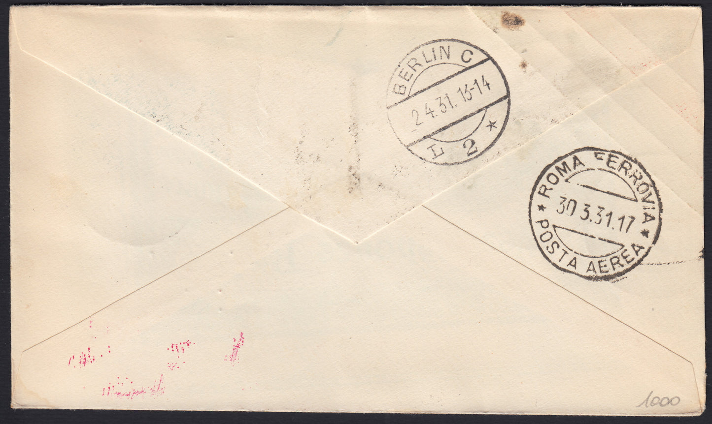 1926 - 1st air postal service Turin - Trieste 1/4/26 with Franciscan c. 60 carmine + P.Aerea c. 60 gray (195 + A3) 