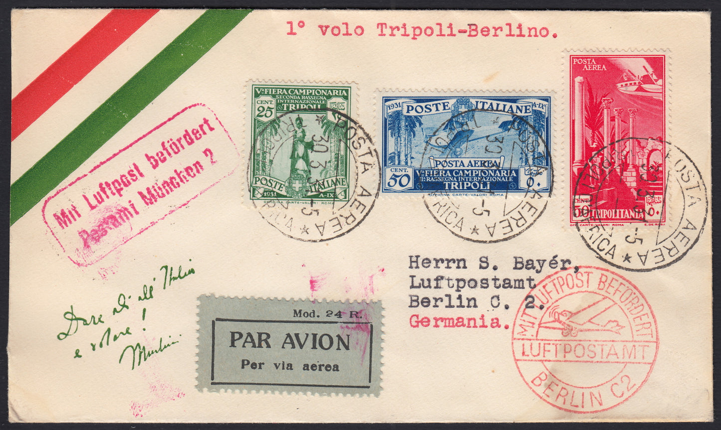 PA437 -1931 -  1° volo Tripoli - Berlino 1/4/31 con affrancatura di Libia e Tripolitania (affrancatura diversa) - Tappa Tripoli - Berlino - (235e)