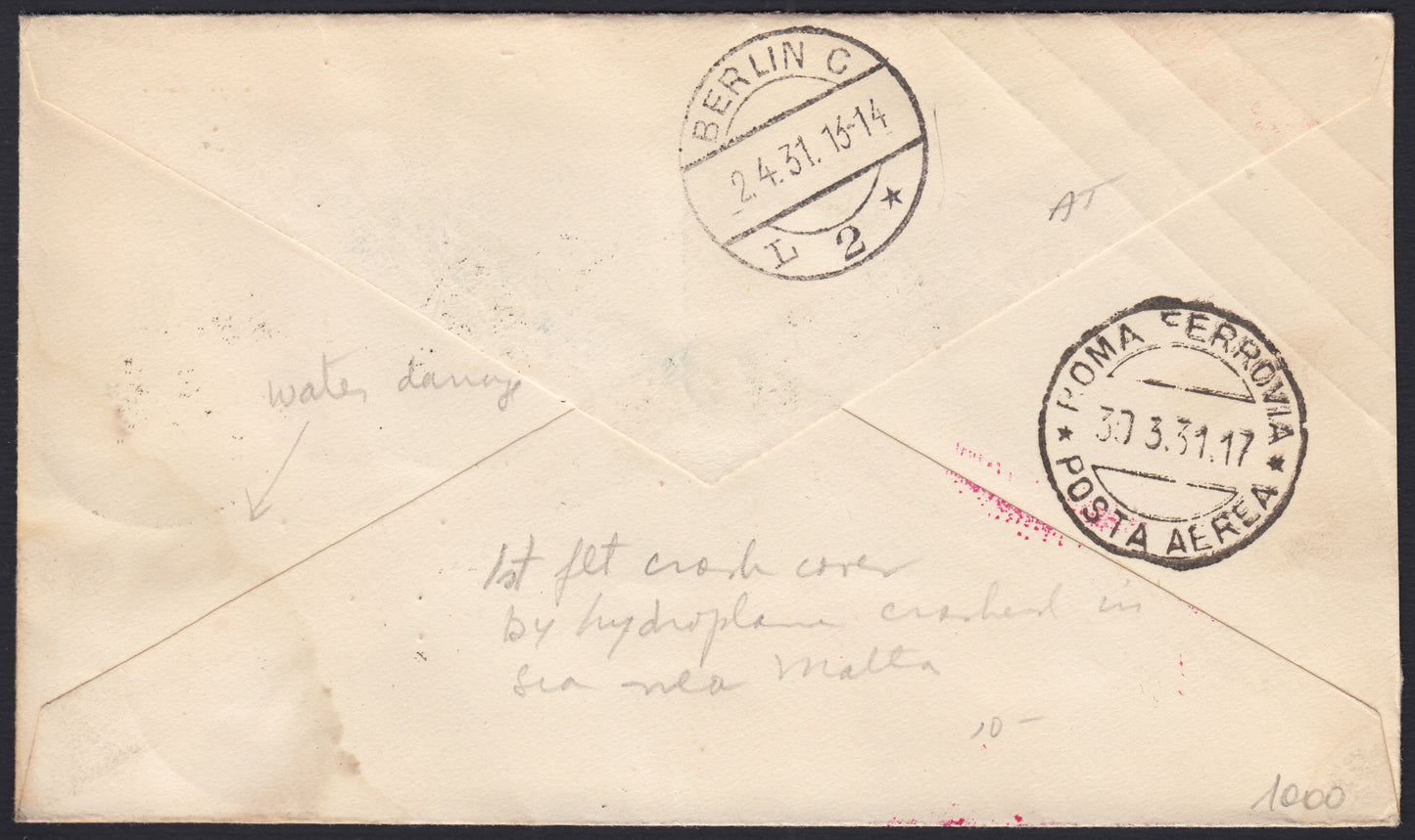 1926 - 1st air postal service Turin - Trieste 1/4/26 with Franciscan c. 60 carmine + P.Aerea c. 60 gray (195 + A3) 