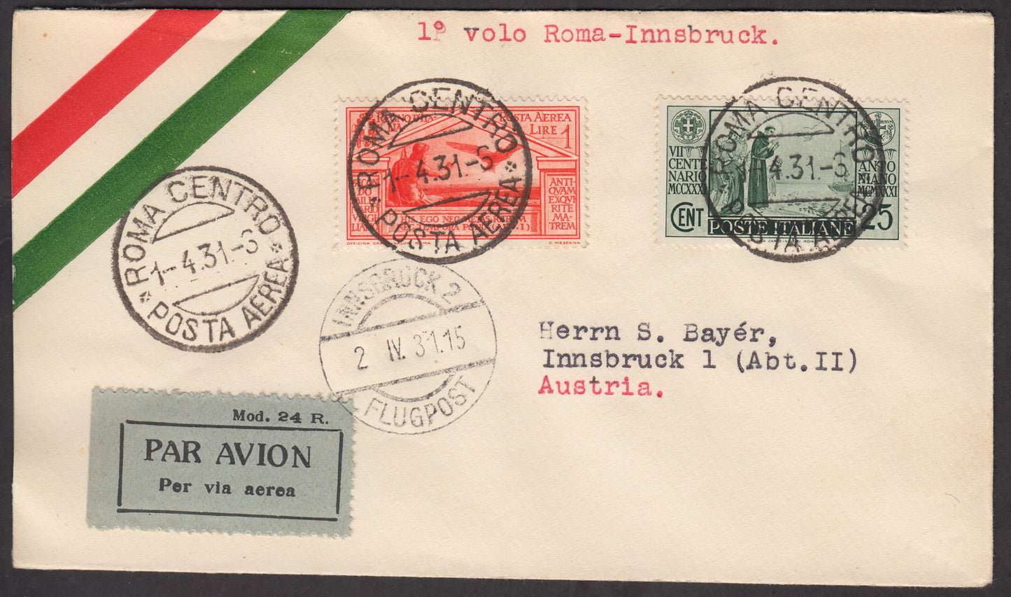 1926 - 1st air postal service Turin - Trieste 1/4/26 with Franciscan c. 60 carmine + P.Aerea c. 60 gray (195 + A3) 