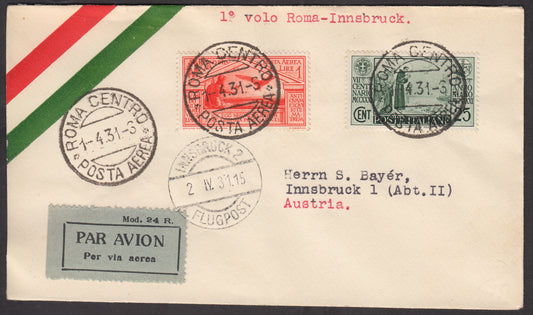 1926 - 1st air postal service Turin - Trieste 1/4/26 with Franciscan c. 60 carmine + P.Aerea c. 60 gray (195 + A3) 