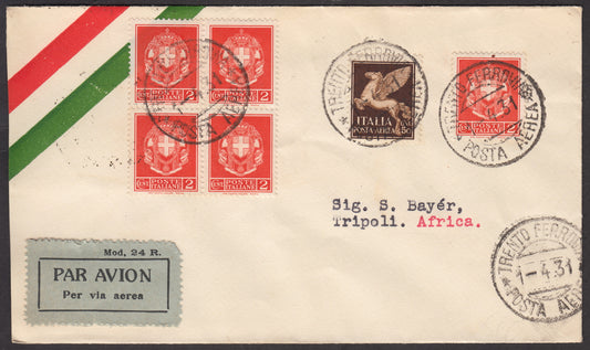 1926 - 1st air postal service Turin - Trieste 1/4/26 with Franciscan c. 60 carmine + P.Aerea c. 60 gray (195 + A3) 