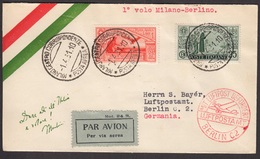 1926 - 1st air postal service Turin - Trieste 1/4/26 with Franciscan c. 60 carmine + P.Aerea c. 60 gray (195 + A3) 