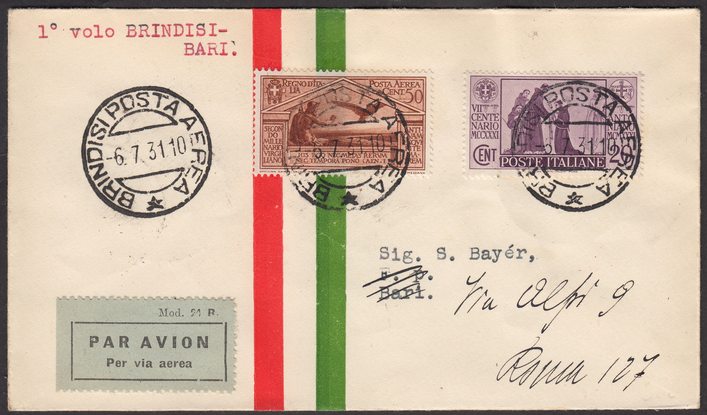 1926 - 1st air postal service Turin - Trieste 1/4/26 with Franciscan c. 60 carmine + P.Aerea c. 60 gray (195 + A3) 