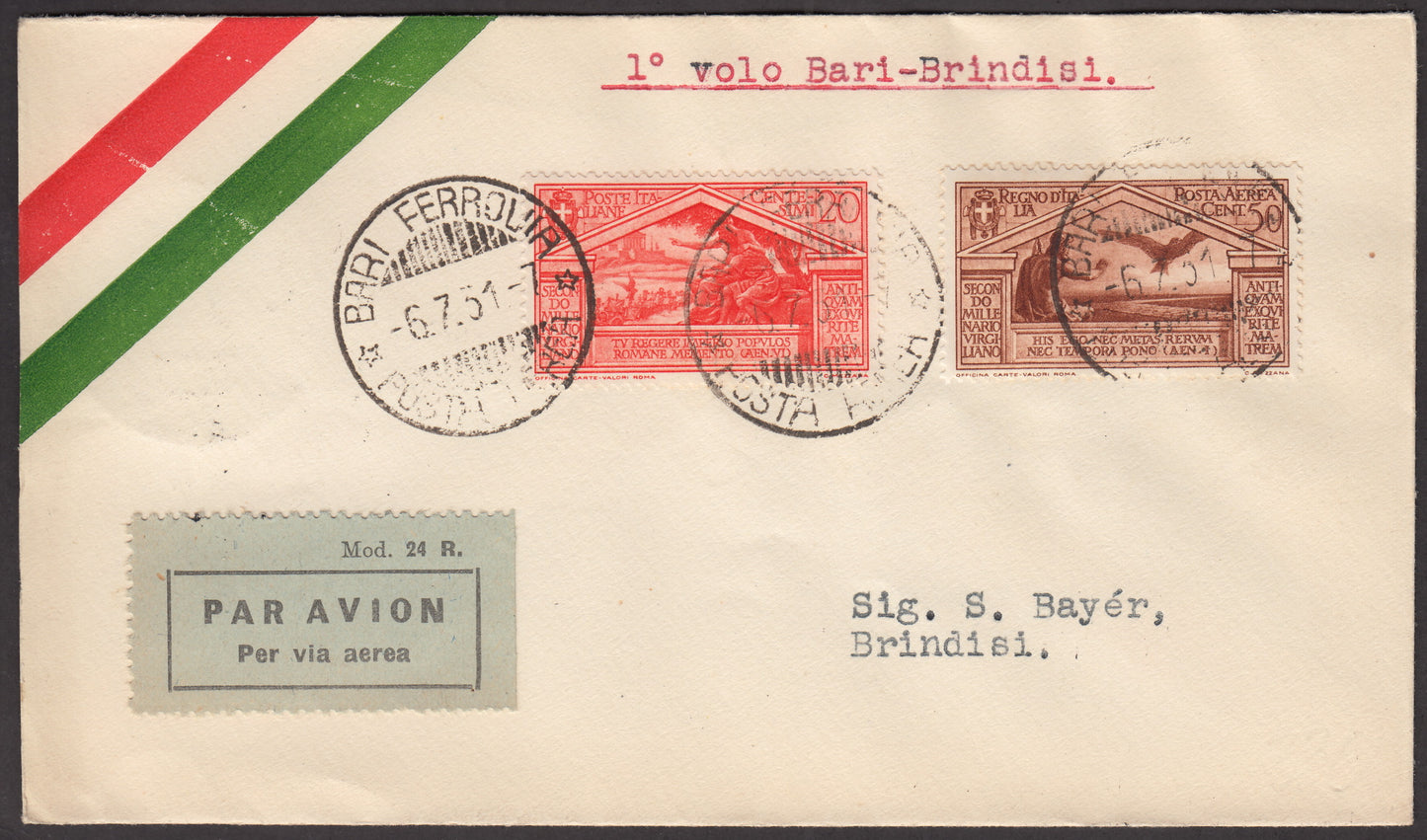 PA389 - 1931 - 1° volo Bari - Bridisi 6/7/31 - Sassone n. 251