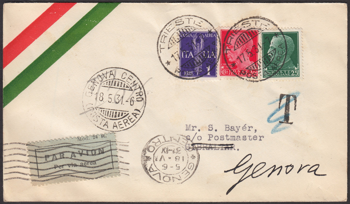 1926 - 1st air postal service Turin - Trieste 1/4/26 with Franciscan c. 60 carmine + P.Aerea c. 60 gray (195 + A3) 