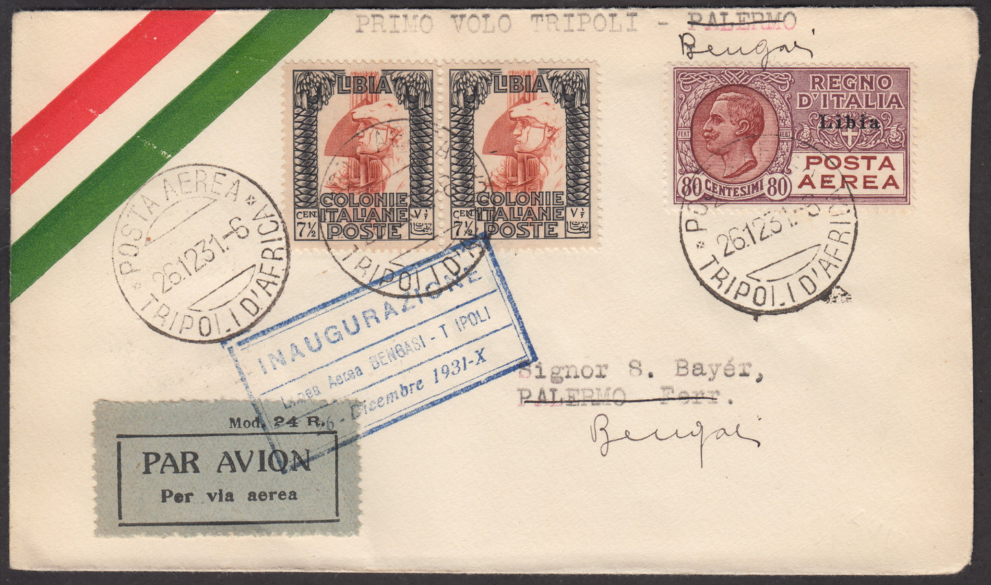 1926 - 1st air postal service Turin - Trieste 1/4/26 with Franciscan c. 60 carmine + P.Aerea c. 60 gray (195 + A3) 