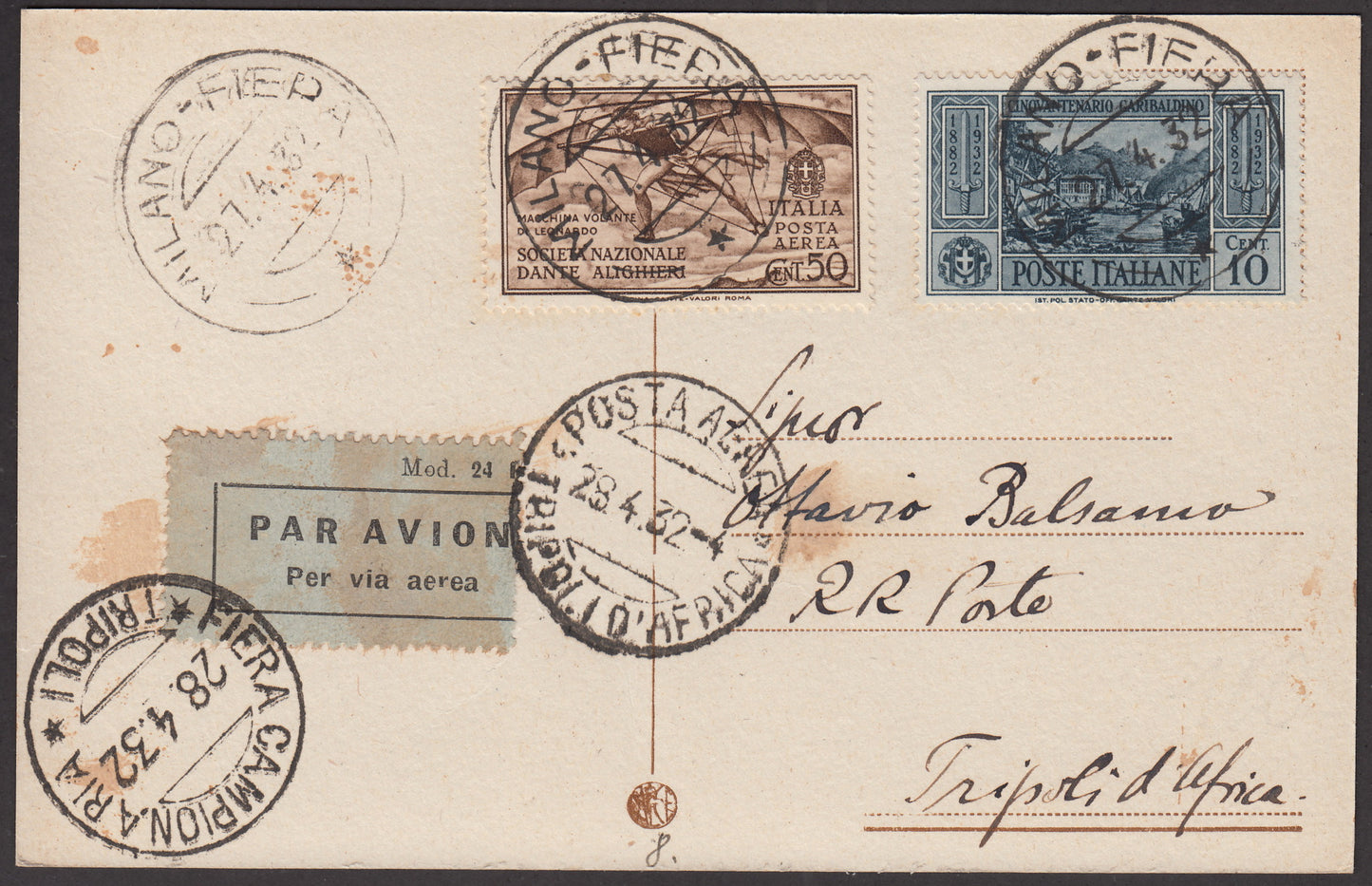 1926 - 1st air postal service Turin - Trieste 1/4/26 with Franciscan c. 60 carmine + P.Aerea c. 60 gray (195 + A3) 