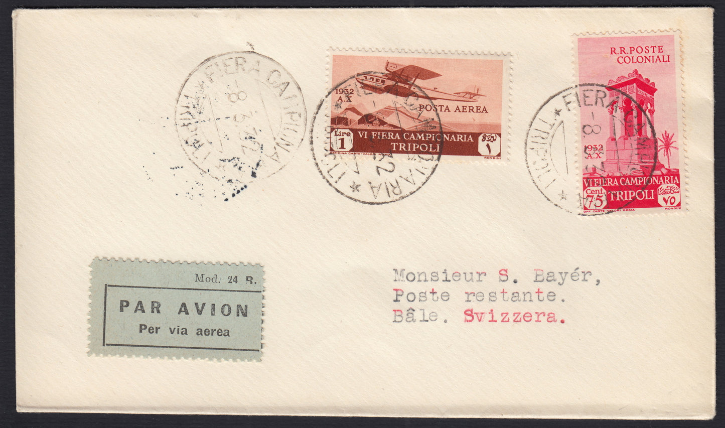 1926 - 1st air postal service Turin - Trieste 1/4/26 with Franciscan c. 60 carmine + P.Aerea c. 60 gray (195 + A3) 